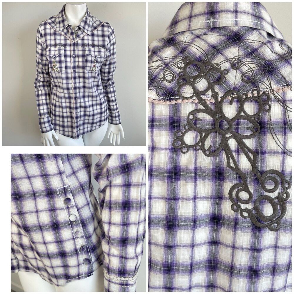 Roar Womens M Plaid Embroidered Crochet Trim Shirt Western‎ Rodeo Cowgirl